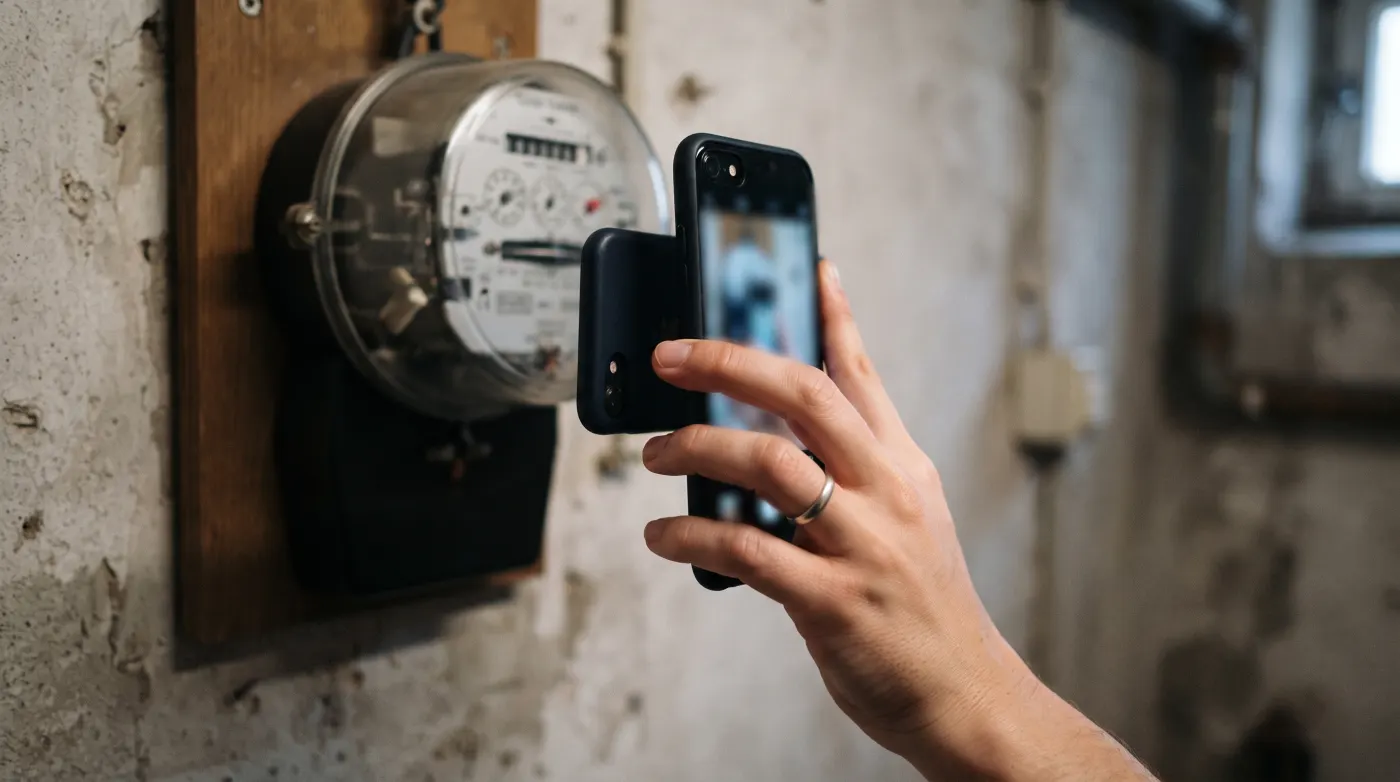 Nahaufnahme einer Hand, die mit dem Smartphone den Zählerstand eines Stromzählers fotografiert