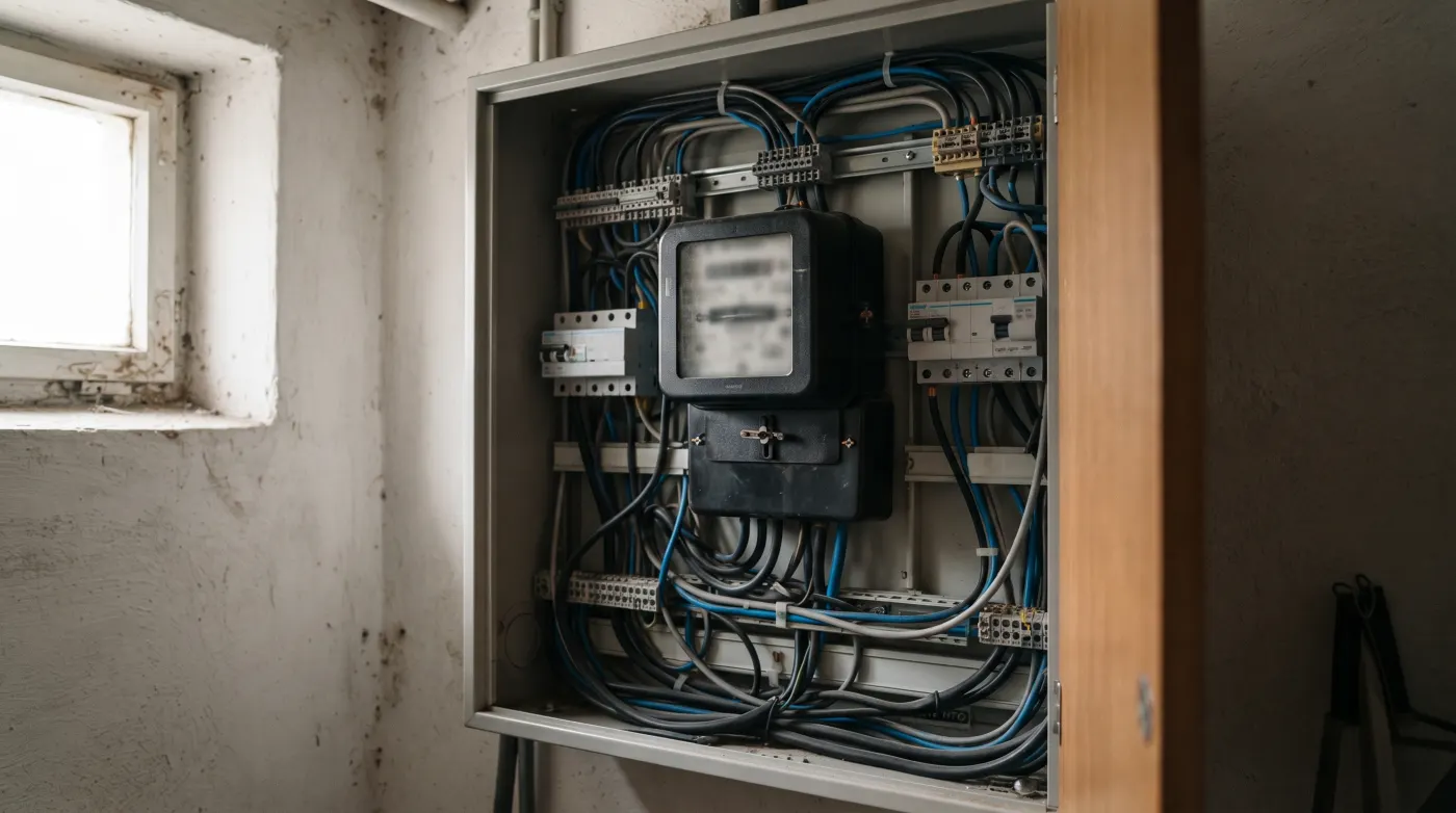 Ein Stromzähler in einem gewöhnlichen Zählerschrank in einem deutschen Hausflur