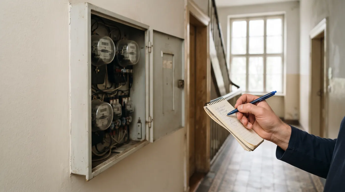 Stromzähler im Hausflur einer Wohnung, daneben eine Hand mit Notizblock