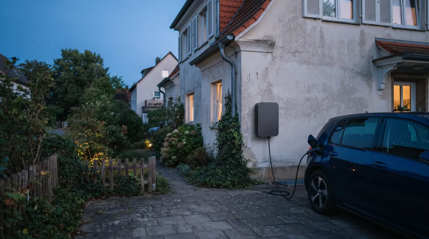 Wallbox an der Hauswand eines Einfamilienhauses, daneben ein angeschlossenes Elektroauto in der Abenddämmerung