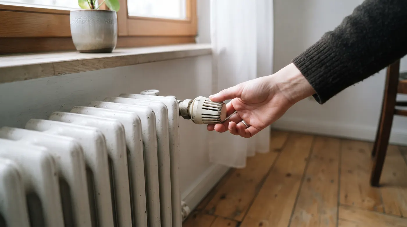 Eine Hand dreht das Thermostatventil an einem weißen Heizkörper in einer Wohnung