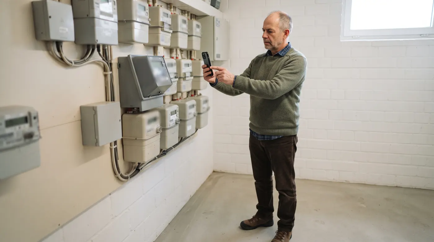 Mann fotografiert einen Stromzähler mit dem Smartphone