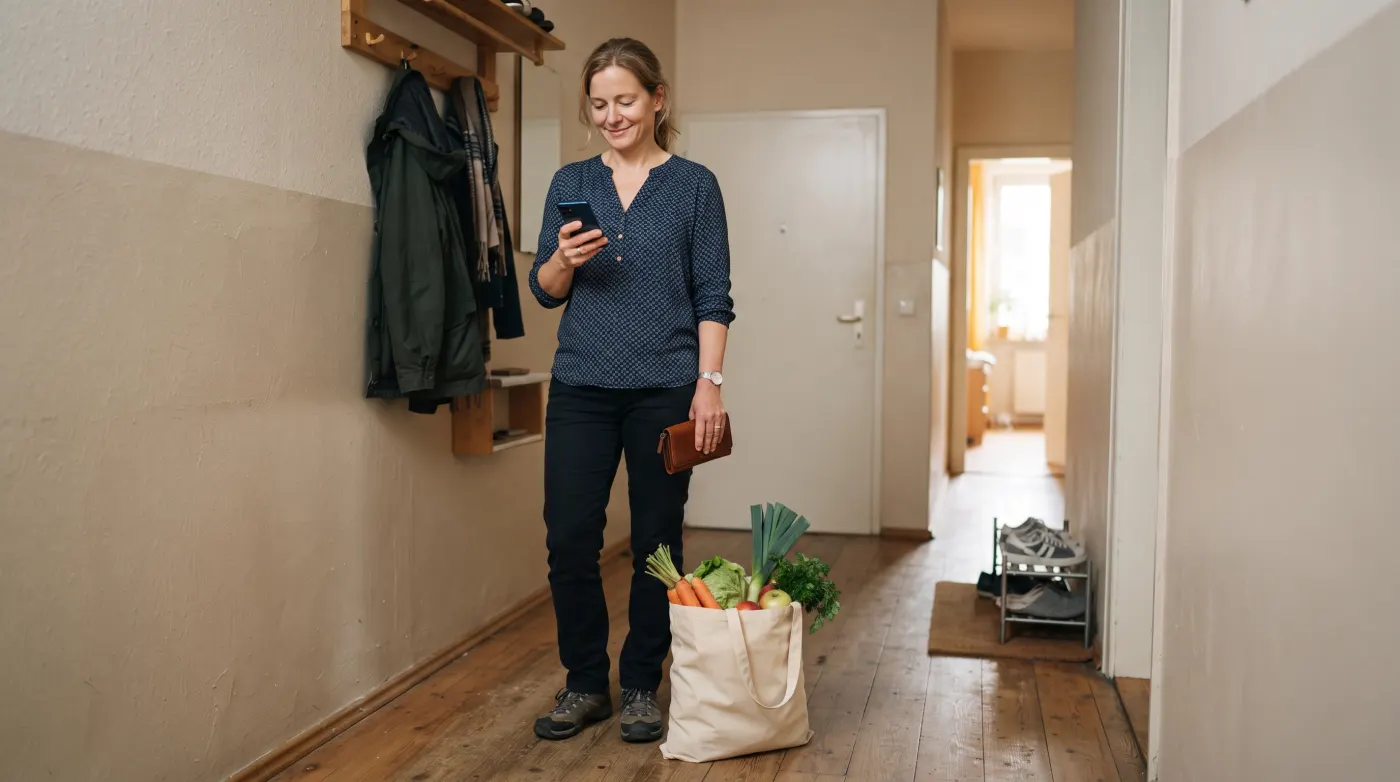 Frau im Flur nach dem Einkauf, prüft ihr Smartphone