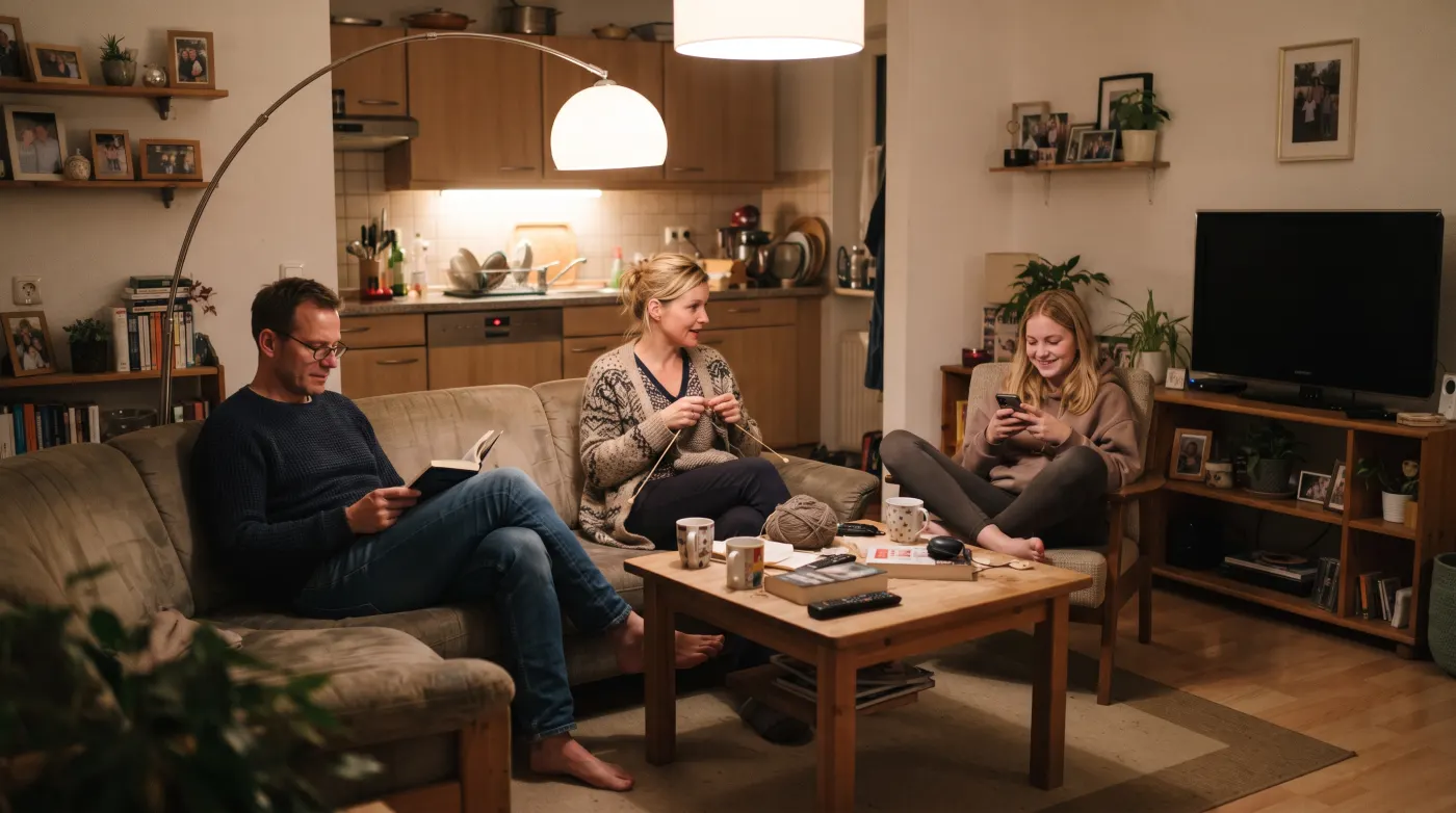 Familie entspannt abends im Wohnzimmer bei eingeschaltetem Licht
