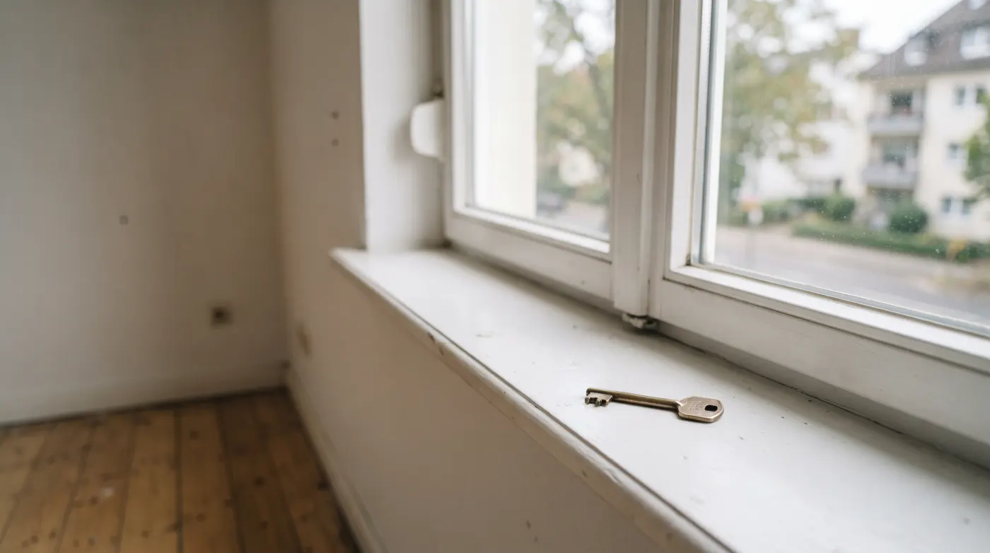 Ein Schlüssel liegt auf einem Fensterbrett in einer noch leeren Wohnung mit hellem Tageslicht
