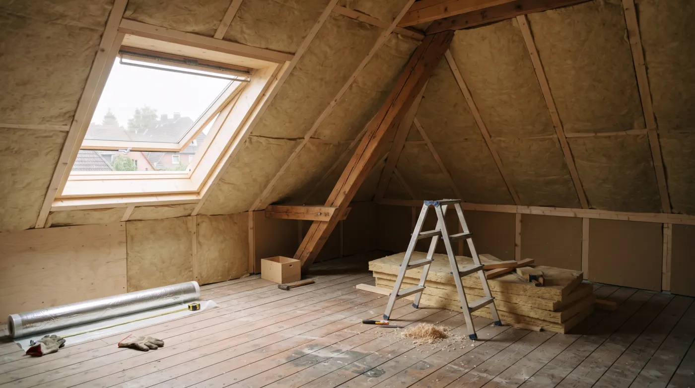 Ein neu gedämmtes Dachgeschoss mit frisch eingebautem Fenster in einem Wohnhaus