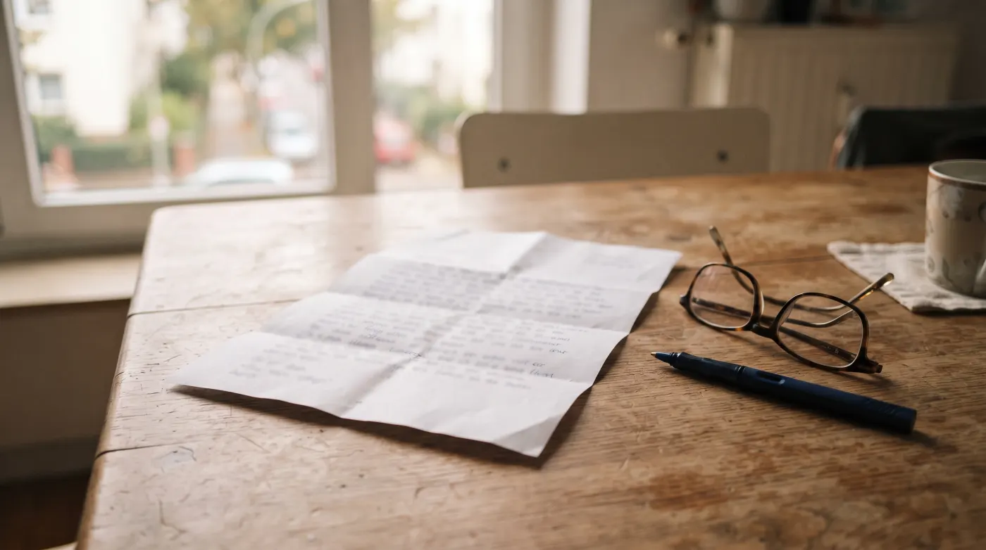 Ein geöffneter Brief liegt neben einer Lesebrille und einem Stift auf einem Esstisch