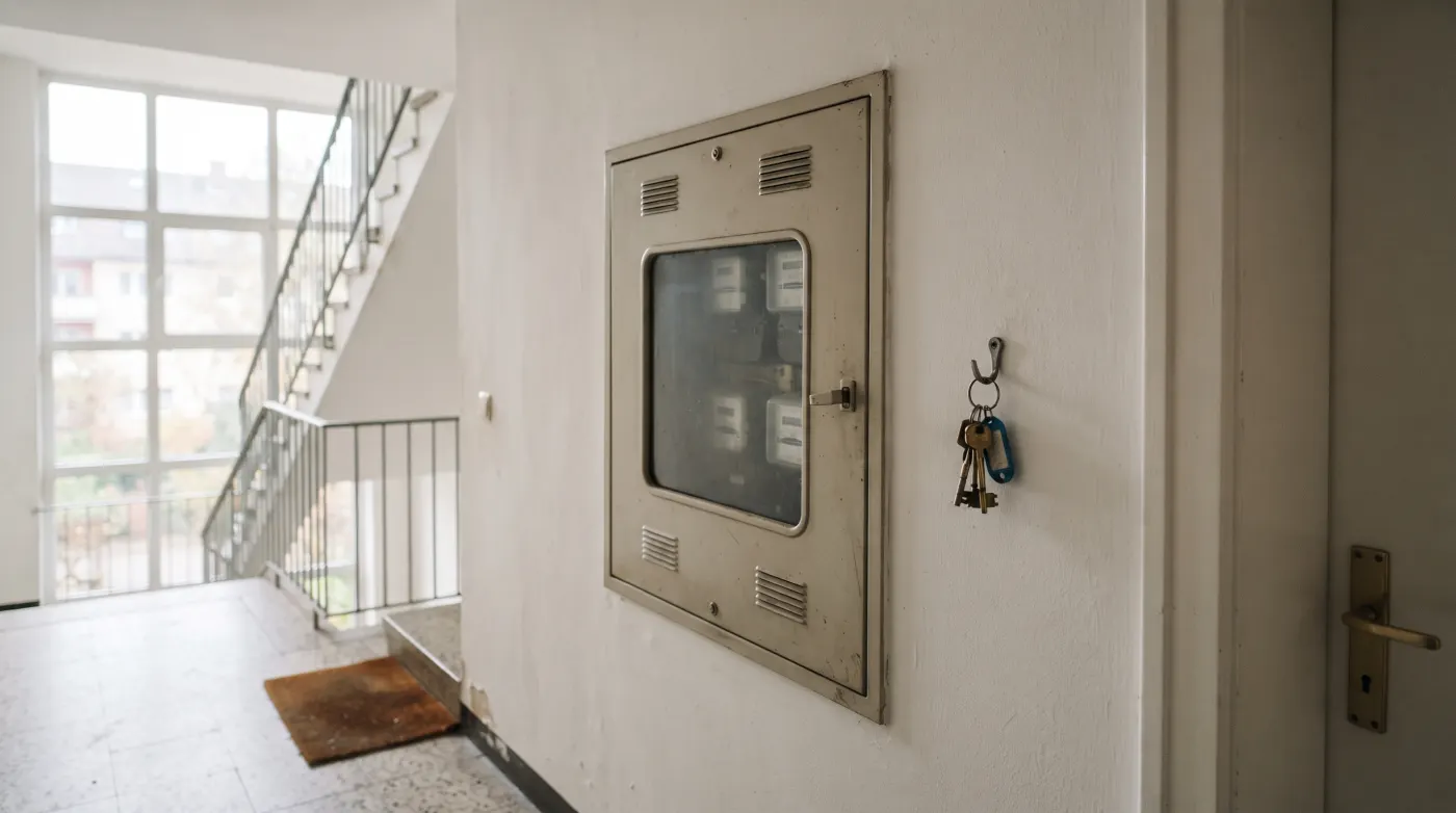 Ein Stromzähler in einem Hausflur, daneben hängt ein Schlüsselbund an einem Haken