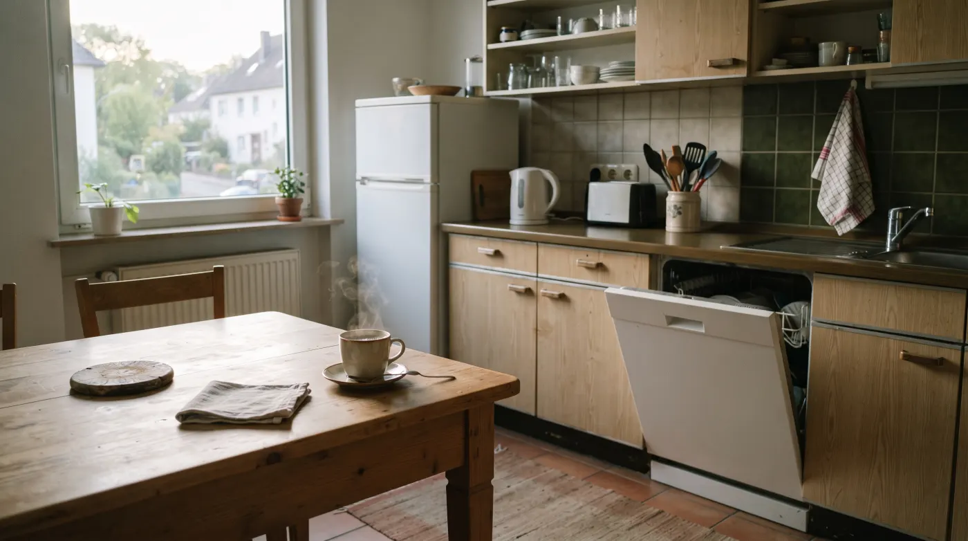 Küche einer Wohnung mit Kühlschrank, Wasserkocher und Geschirrspüler bei Tageslicht