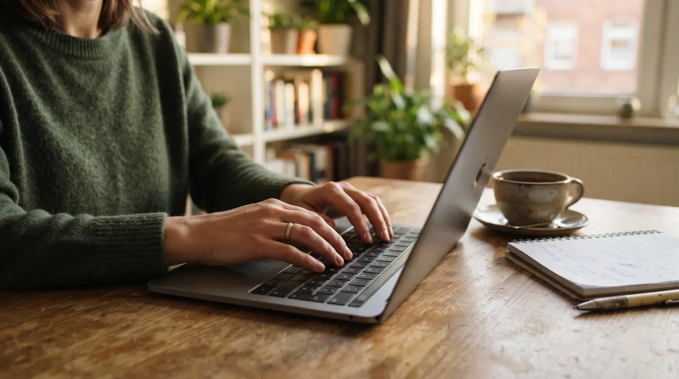 Nahaufnahme von Händen auf einer Laptop-Tastatur auf einem Esstisch mit einer Tasse Tee